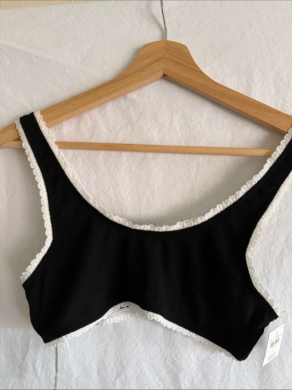 Anthropologie Black Ribbed bralette with White Lace Trim